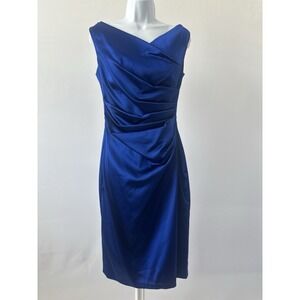 Talbot Runhof Blue Sateen Draped Cocktail Dress Knee Length $1900 (b64)